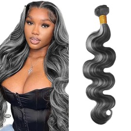 P1BGray Bundle Highlight Body Wave Human Hair Bundles 8A Two Tone Black Mixed With Silver Bundles Color #1BGrey Body Wave 1 Bundle 26 Inch Ombre Hair Weave