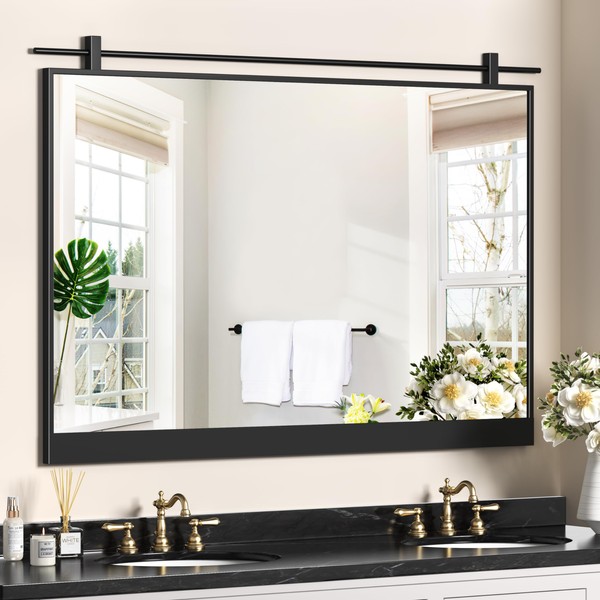 Modern Simple Bathroom Mirror 40X28 Inch Black Metal Framed Wall