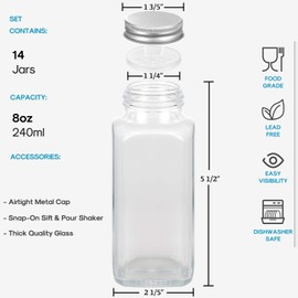 AOZITA 14 Pcs Glass Spice Jars with Spice Labels - 8oz Empty Square Spice Bottles - Shaker Lids and Airtight Metal Caps - Chalk Marker and Silicone Collapsible Funnel Included