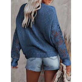 Dokotoo Womens Sweaters Soft Cute Plain Lace Crochet Crew Neck Knitted Sweaters for Women Fashion 2024 Jumpers Long Sleeve Casual Winter Pullover Sweater Outerwear Blue L