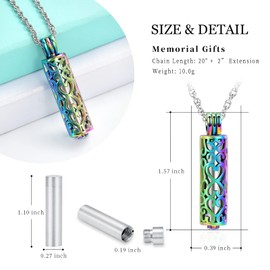 shajwo Cylinder Urn Necklace for Ashes for Women Men Cremation Jewelry Keepsake Memorial Human Pet Ashes Pendant,Rainbow+Silver