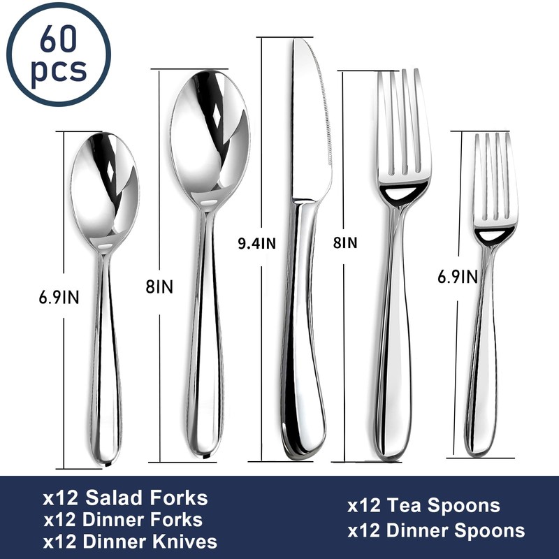 STILLOYE Heavy Duty Silverware Set for 12, 60 Piece Premium