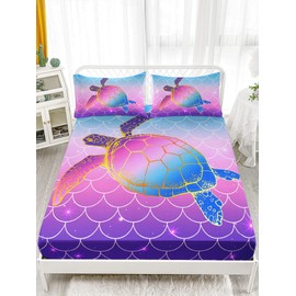 HOSIMA Mermaid Fish Scales Bed Sheets Full,Sea Turtle Fitted Sheet Rainbow Bedding Glitter Star Themed Fitted Sheet for Girls Kids Room Decor,1 Fitted Sheet + 2 Pillowcases.