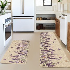 Baccessor Spring Summer Kitchen Mats Set of 2, Lavender Butterfly Floral Kitchen Rugs for Floor Non Slip Absorbent Low-Profile Seasonal Farmhouse Home Decor 17x29 and 17x47 Inch