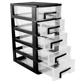 Plastic Desk Organizer,Desk Storage Box with 5 Drawers,Cosmetics Jewelry Storage Box Multifunction Storage Rack for Office School Home (Black &Transparent)