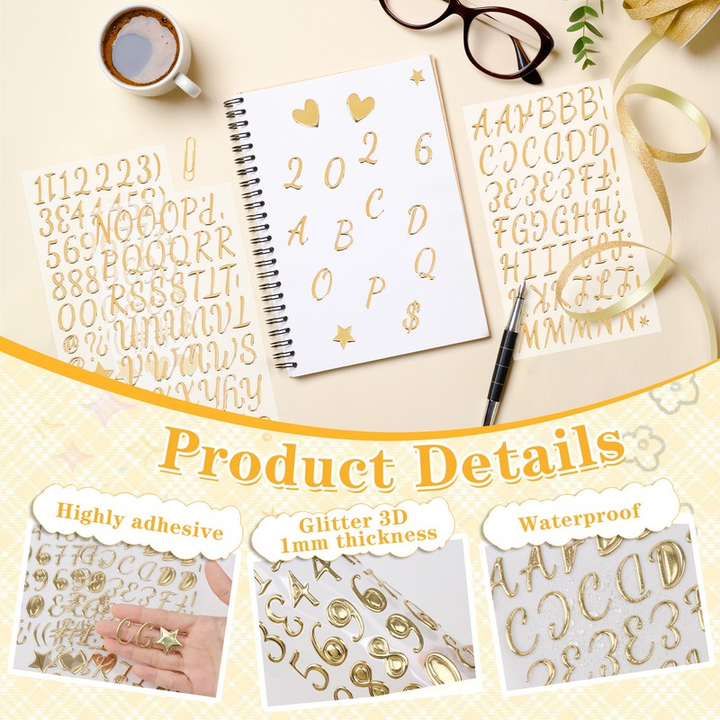 6 Sheets 3D Puffy Gold Letter Stickers, 316 Pcs Alphabet