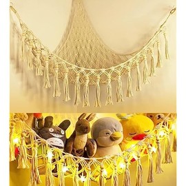 Stuffed Animal Toy Storage Hammock with LED Light - Macrame Jumbo Doll Corner Stuff Animals Organizer Decorations - Cute Hanging Plushie Net Kids Baby Nursery Bedroom Room Decor