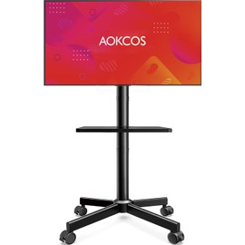 AOKCOS Rolling TV Stand - Mobile TV Stand on Wheels for 32-65 inch Flat/Curved TVs with Tilting, Height Adjustment Portable Rolling TV Cart Hold up to 88 Lbs for Livingroom, Bedroom, Office, Outdoor
