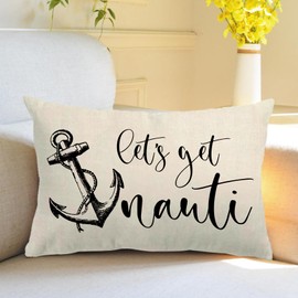 7COLORROOM Beach Theme Pillow Covers Double-Sided Printed Beige Let’s Get Nauti Anchor Coastal Decor Rectangular/Waist Cushion Covers Nautical Summer Home Decor Pillowcases 12”×20” (Beige, 12”×20”)