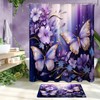 4 Pcs Purple Floral Butterfly Shower Curtain Set with Non-Slip