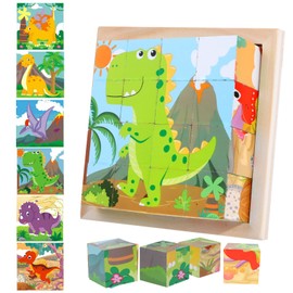 Wooden Jigsaw Puzzle for Toddlers, 6 in 1 Dinosaurs Animal Puzzle Wooden Jigsaw Puzzles for Boys and Girls Shape Blocks Chunky Puzzles Toys for Age 1 2 3 4 Years Preschool Learning Educational Toys