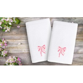 KHALPERA - Juego de toallas de mano de lujo de 2 piezas, 100% algodón turco auténtico, suave y absorbente, diseño de lazo bordado y cinta, ideal para decoración de baño de niños, bordado rosa