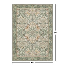 Hazo Haus Washable Area Rugs 5x7 for Living Room - Boho Vintage Rugs for Bedroom, Dinning Room, Office with Vintage Sage Green Botanical & Bird Pattern, Non Slip Stain Resistant Low Pile