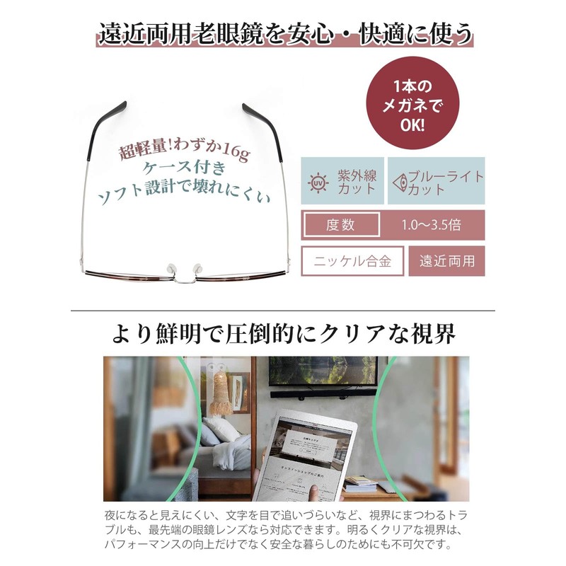 [CEETOL] 老眼鏡 累進多焦点 遠近両用 超軽量 ブルーライトカット オシャレリーディンググラス 遠近両用メガネ UVカット おしゃれ