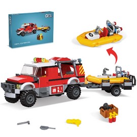 BeepZipp City Fire Truck with Rescue Boat Building Toy - Building Blocks Playset Educational Toy for Kids - 8 9 10 11 12 Year Old Boy Girl Birthday Gifts