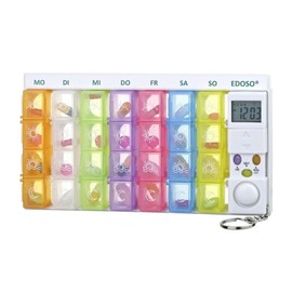EDOSO Pill Box for 7 Days with Alarm | Medication Box Pill Box 1 Week with Timer and Alarm Clock for Reminder | German Description | Reinforced Alarm Sound | Coloured Tablet Container