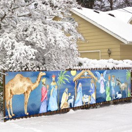 Large Manger Scene Religious Christmas Banner- Holy Nativity Christmas Yard Sign Garage Door Banner for Indoor Outdoor Christmas Decorations 9.8x 2ft