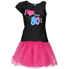 80s Women's Costume - Pink Tutu and Black Neon Shirt - Size S-XXL - Ballet Fancy Dress Carnival Tulle Skirt Short, Size: XXL