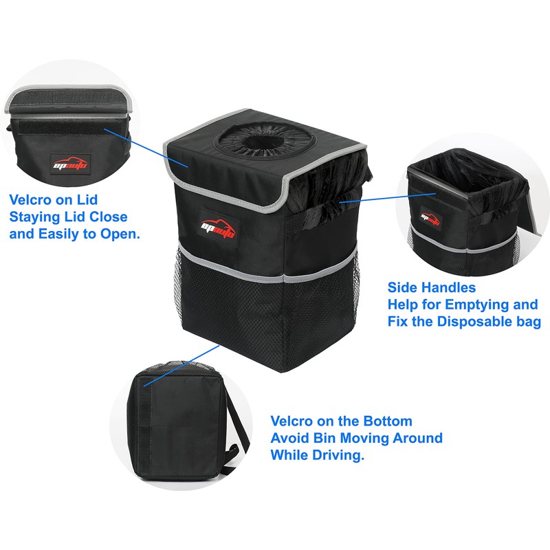 EPAuto Waterproof Car Trash Can with Lid and Storage Pockets,