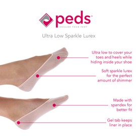 PEDS Women's Sparkle Liner Nylon Ribbed with Lurex, Nude, Black, Blush, Shoe Size: 8-12