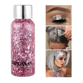 Punifengsi Sequins Body Glitter Gel, Make Up Long Lasting Glitter for Body Face Hair Eyeshadow for Music Festival Party Carnival Long Lasting Face Glitter, No Glue Needed and Easy to Remove. (Pink)