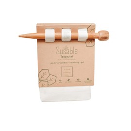 Susable Set of 2 Reusable Tea Bags Made of Fabric, 100% Organic Cotton, Tea Filter, Permanent Filter, Reusable Filter (1 x Small, 1 x Large), Includes 1 Bamboo Stick