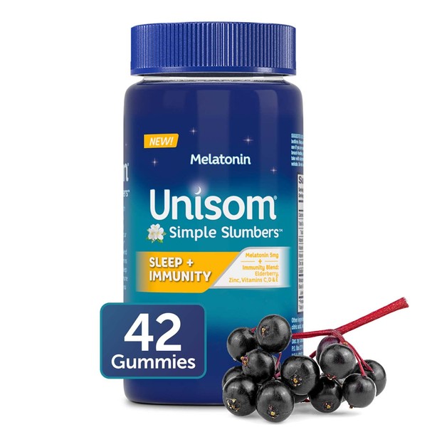 Unisom Simple Slumbers Sleep + Immunity Gummies, 42-Count, Melatonin 5mg, Elderberry