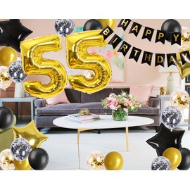 55th Birthday Decorations Black Gold for Men Women, 55th Birthday Banner 55th Birthday Star Foil Confetti Balloons for Cheers to 55 Years Old Birthday Party Decorations(55th)