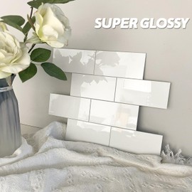 COLAMO Luxury 15 Sheet Peel and Stick Backsplash,Self Adhesive Glossy Faux Ceramic 12”x12” Pure White Subway Tile for Kitchen,Waterproof Stick on Accent Wall Brick Mosaic Tile for Bathroom,RV,Laundry