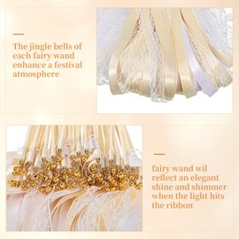 Vinsot 100 Pieces Lace Ribbon Wedding Wand Sticks Party Streamers with Bells Lace Silk Fairy Stick Wand Streamers for Wedding Send Off Party Activities Holiday Celebration Favors(Champagne)