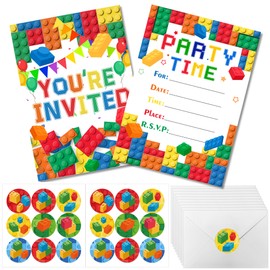 Huxolynifty Building Bricks Invitation Card, 51 Pieces Building Blocks Party Invitations, Building Blocks Birthday Invitations with Envelope & Stickers for Building Blocks Birthday Party Decoration