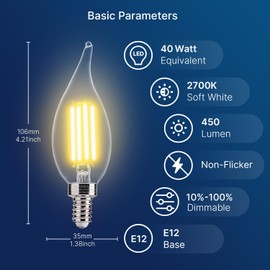 FLSNT LED Candelabra Bulbs, Dimmable CA11 E12 LED Chandelier Light Bulbs, 2700K Soft White, 4W (40W Equivalent), 450LM, 12 Pack UL,CA65 Listed.