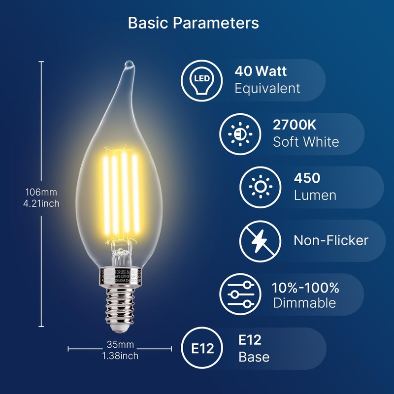 FLSNT LED Candelabra Bulbs, Dimmable CA11 E12 LED Chandelier Light