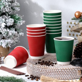 150 Set 12 oz Disposable Coffee Cups with Lids and Straw To-go Hot Paper Coffee Cup Multicolor Insulated Corrugated Ripple Paper Cups for Home Restaurant Mardi Gras(Xmas Red, Green)