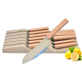 In-Drawer Knife Block Set, 12PCS Stainless Steel Chef Knife Set with Knife Drawer Organizer, Sharp Cooking Kitchen Knife Set with 6 Steak Knives for Kitchenette for Small Spaces Save Space (Khaki)