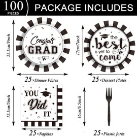 Qyeahkj White 25 Guests Graduation Party Plates Napkins Forks Supplies Set Disposable Congrats Grad Class of 2025 Tableware Paper Plates Dinnerware Grad Party Decoration Favors