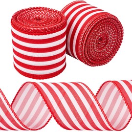 CABODYALS 10M Red White Striped Ribbons Christmas Single Face Printed Polyester Fabric Grosgrain Strip Edging Wired Satin Ribbon for Gift Wrapping Wreath Making Festival Decor Diy Craft Supply