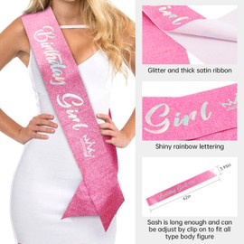 SuPoo Pink Birthday Crown and Sash Kit - Tiara With Rhinestones, Metal Crown With Comb, Glitter Sash, Crystal Headband, Princess Tiaras for Girls - Happy Birthday Decorations