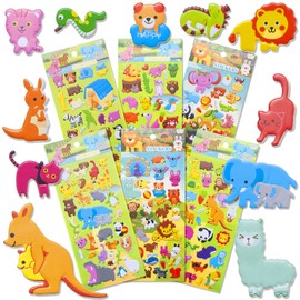 3D Puffy Animal Stickers for Kids Toddlers 4-8, 6 Sheets Cute Foam Stickers for Preschool Girls Boys, Reusable Bubble Stickers Bulk for Party Favor, Teachers Reward, Crafts