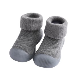 HOVELL Baby Toddler Indoor House Floor Booties Socks Non-slip Rubber Sole Slippers Shoes for Girls Boys(Grey,5 Toddler)