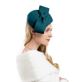 F FADVES Wool Felt Fascinator Winter Women Pillbox Hat Bowknot Fedoras Blue