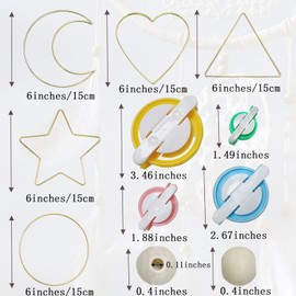 CHELIZIYA 10+4+100 Pcs Dream Catcher Rings Set, Metal Hoops for Crafts, 6 Inches Macrame Rings Gold, 5 Shapes Metal Hoops with 4 Size Pompom Makers and 100 Pcs Wood Beads