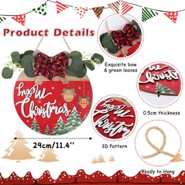 KAIRNE Merry Christmas Sign,Christmas Snowflake Wooden Sign with Bow Wreath,Red X-mas Wood Hanging Sign,Holiday Door Decoration,Snowflake Wall Decor for Front Door Porch Farmhouse Indoor Outdoor Decor