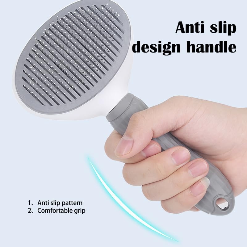 Pet Grooming Brush with Ergonomic Handle, Self-Cleaning Slicker Brush, White