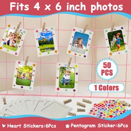 50 Pcs Paper Picture Frames 4 x 6 Inch Paper Photo Frame Cards with 12 Stickers Cardboard Picture Frames Art Frame Art Display Frame with 50 Clips and 5 Strings for DIY Wall Decor (White)