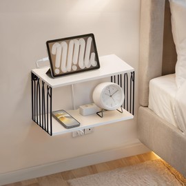 White Black Floating Nightstand with Cable Hole, Small Wall Mounted Bedside Table Modern Minimalism Wooden Hanging Night Stands Shelf 2 Tier for Bedroom Livingroom Bathroom