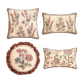 ISAENNE Design Linen Vintage Lumbar Square Round Throw Pillow Covers Set of 4, French Country Cushion Covers with Pink Blue Floral Pattern Decoration Pillowcases for Bed,Living Room,Outdoor,Car