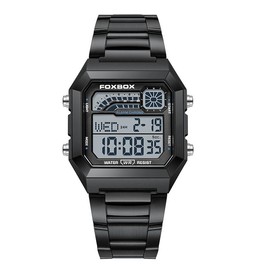 LIGE FOXBOX men's digital watch—perfect for students and adult men. Features an alloy case and strap, waterproof design, backlight, and displays time, date, and weekday - Color: Black