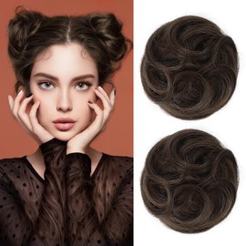 REECHO 2 PCS Mini Claw Clip in Messy & Cat Ears Hair Bun Extensions HB001 Wig Accessory Updo Hairpieces for Women Girls (Pack of 2-3.5" Wavy, Dark Brown with Copper Highlights)