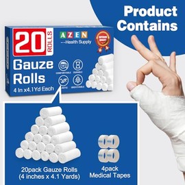 AZEN Paquete de 20 Vendas de Rollos de Gasa, 4 pulgadas x 4.1 yardas, Suministros Médicos Premium y Suministros de Primeros Auxilios, Venda Envolvente